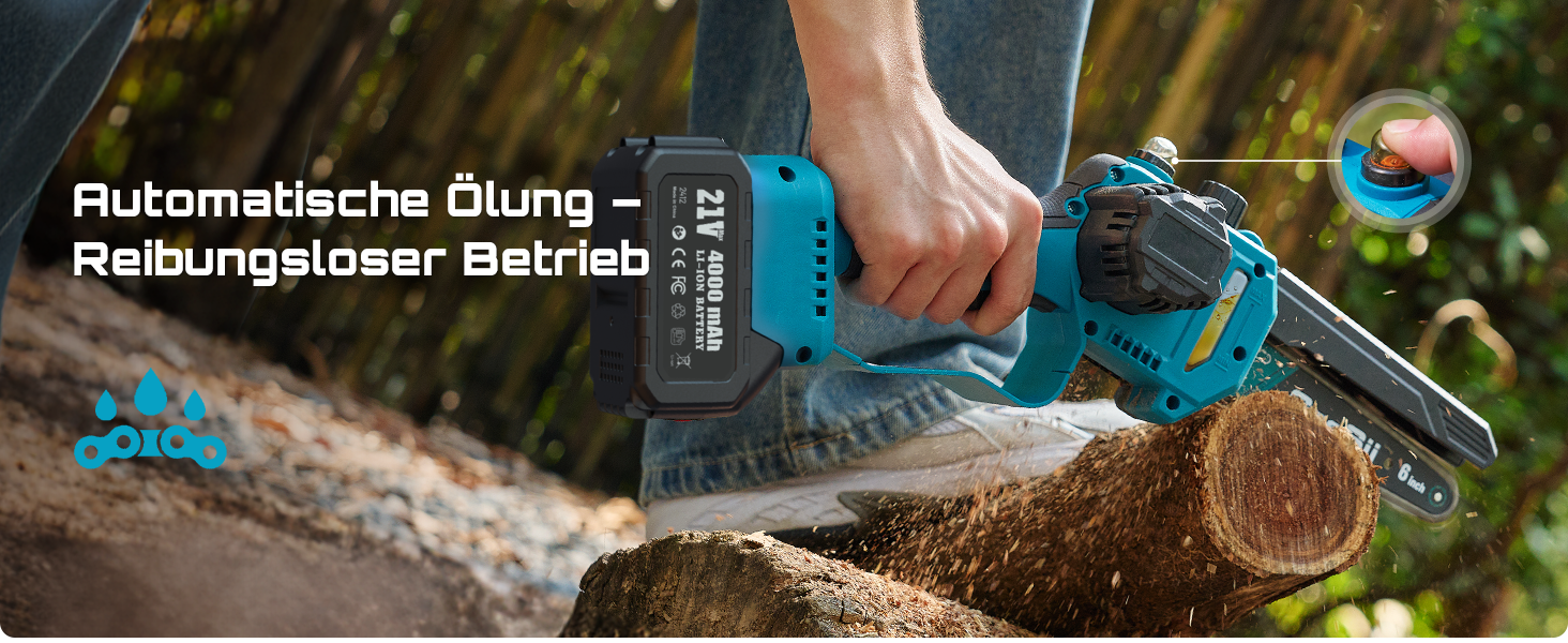 Акумуляторна міні-пила SEESII 6 дюймів (8000mAh) з автоматичною змащенням та запасним ланцюгом - для стрижки гілок та дерева