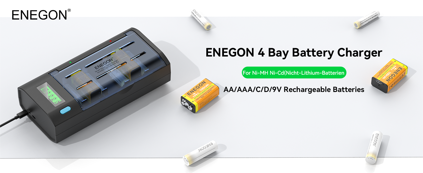 Зарядний пристрій ENEGON для акумуляторів AA/AAA/C/D/9V NiMH/NiCD з LCD дисплеєм та функцією розряду – 4 слоти, чорний