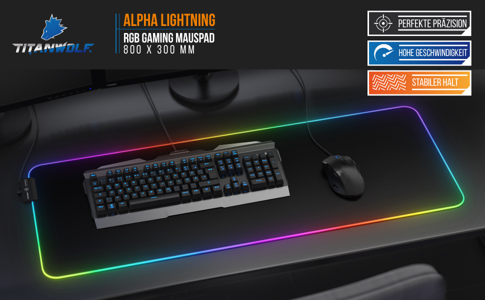 Ігровий килимок для миші TITANWOLF RGB XXL (800x300 мм) з LED-підсвіткою, 11 режимів освітлення, вологостійкий, чорний