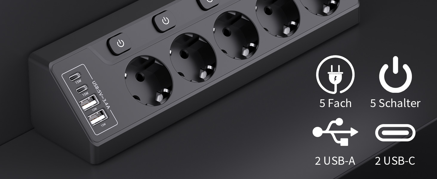 Мережевий фільтр 5-фазний з USB та LED, чорний - для дому, кухні, офісу