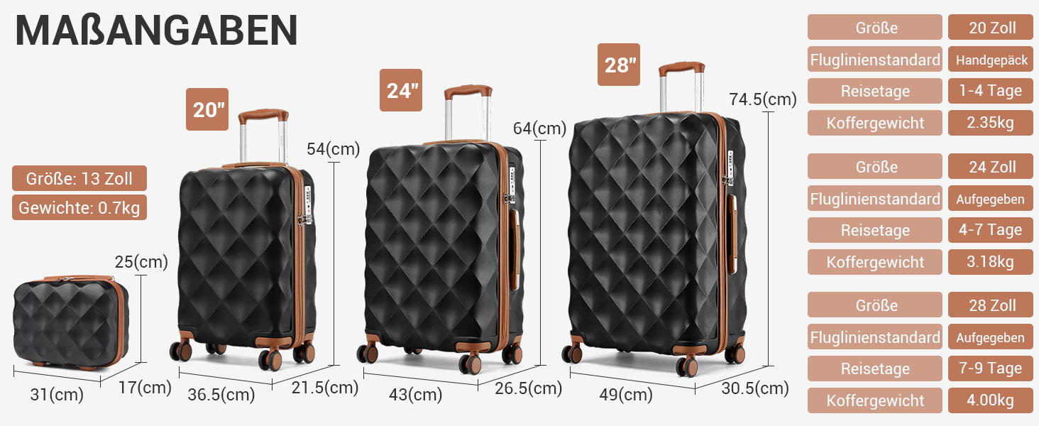 Чохол-валіза British Traveller Hartschalenkoffer, 74.5 x 49 x 30.5 см, ABS + PC, TSA-замок, 4 колеса, для подорожей та бізнесу (Чорний/Коричневий, L)