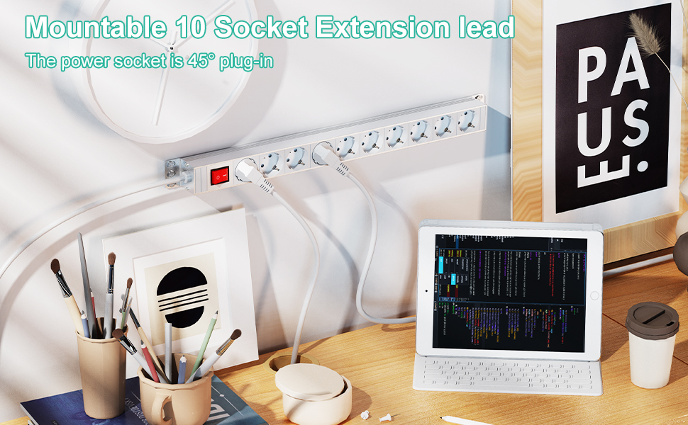 Мережевий фільтр 10 розеток з захистом від перенапруги, з вимикачем та поворотними кріпленнями, металевий корпус (білий)