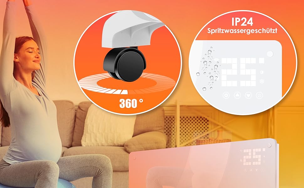 Електричний конвектор KESSER® з Wi-Fi керуванням та пультом дистанційного керування | 2500 Вт | Скло | Настінний/Підлоговий | LCD-дисплей, таймер, сенсорне управління