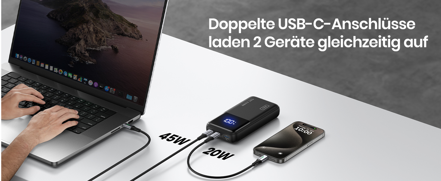 Повербанк INIU 65W 20000mAh для ноутбуків та смартфонів, швидка зарядка USB-C для MacBook, Steam Deck, iPhone, Samsung, iPad