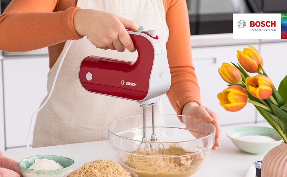 Ручний міксер Bosch MFQ40303: 500W, 5 швидкостей + Turbo, 2 віська, 2 гаки для тіста, нержавіюча сталь, темно-червоний/срібний