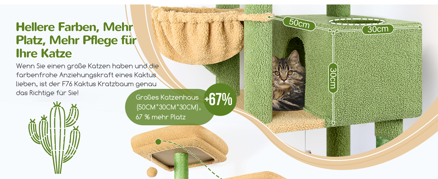 Драбина для котів Globlazer Kaktus (зелена), XXL, 195 см: 2 будиночки, 2 стійкі сидіння, гамак, кошик. Підходить для Maine Coon, British Shorthair