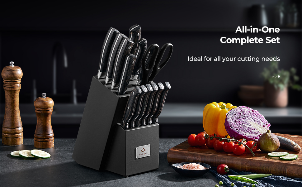 AMEGAT Self-Sharpening Knife Block Set with Carving Fork - Premium Stainless Steel Knife Set with Wooden Block - Vollerl & 3-Rivets Design