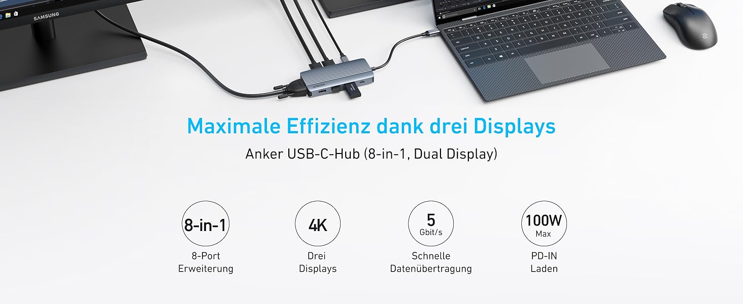 USB-C хаб Anker: док-станція з двома HDMI, 100W, 10Gbit/s, 8 портів для MacBook, Dell, iPad Pro