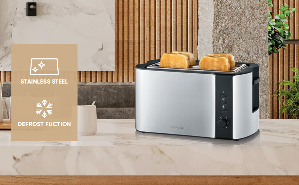 Тостер Severin AT 2590 з 4 відсіками для тостів, з підставою для бургерів, нержавіюча сталь, 1400 Вт