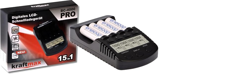 Зарядний пристрій Kraftmax BC-4000 Pro для NiMH AA/AAA акумуляторів з LCD, USB, функцією розряду та відновлення