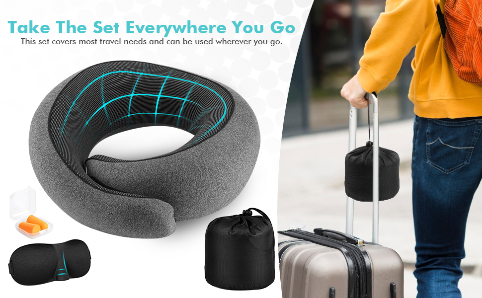 Подушка для шиї у літак, Memory Foam, ортопедична, компактна, для тривалих перельотів. З 3D-маскою для сну та берушами. Ваш незамінний супутник у подорожах
