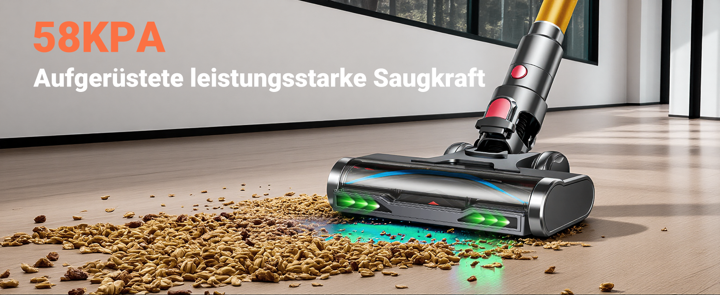 Бездротовий акумуляторний пилосос 58KPa/550W з LED-дисплеєм та антизаплутана щітка, 1.8L, для тварин, килимів, твердих поверхонь та авто, сірий & золотий