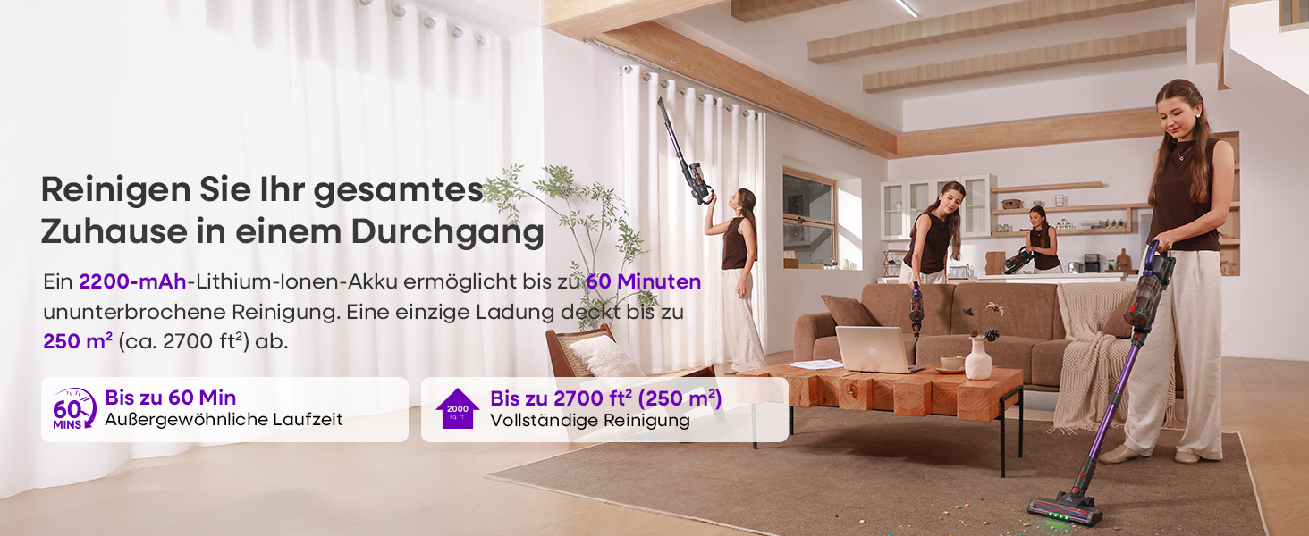 Бездротовий акумуляторний пилосос AlloyMove A03 Lila: потужність 450W, 45000Pa, LED, 60 хвилин роботи, для тварин, килимів, твердих поверхонь