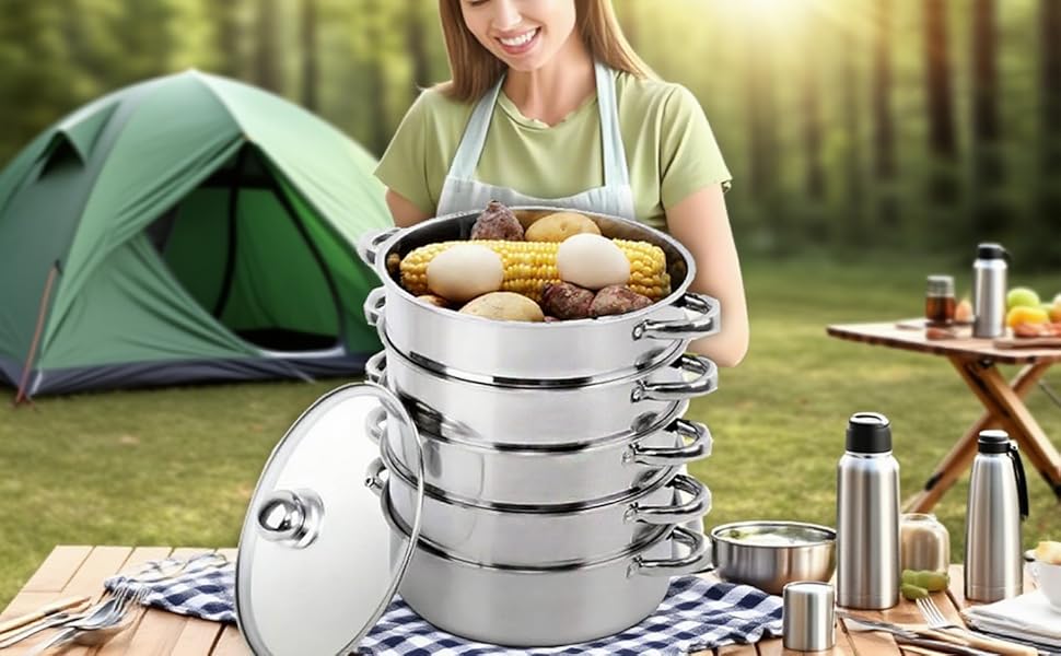 П'ятирівневий паровар Mantovarka, нержавіюча сталь, пароварка Induktion, пароварка для овочів, з кришкою з скла, підходить для всіх типів плит, пароварка Induktion