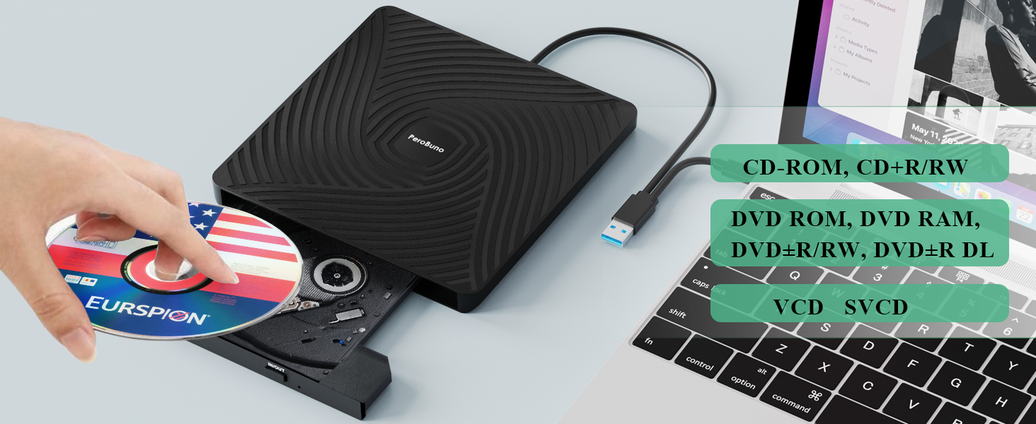 Зовнішній DVD-накопичувач PeroBuno USB 3.0 Type-C, CD ROM +/-RW оптичний привід, ультратонкий DVD-записувач та плеєр для ноутбука, PC, MacBook (Windows, Linux, macOS)
