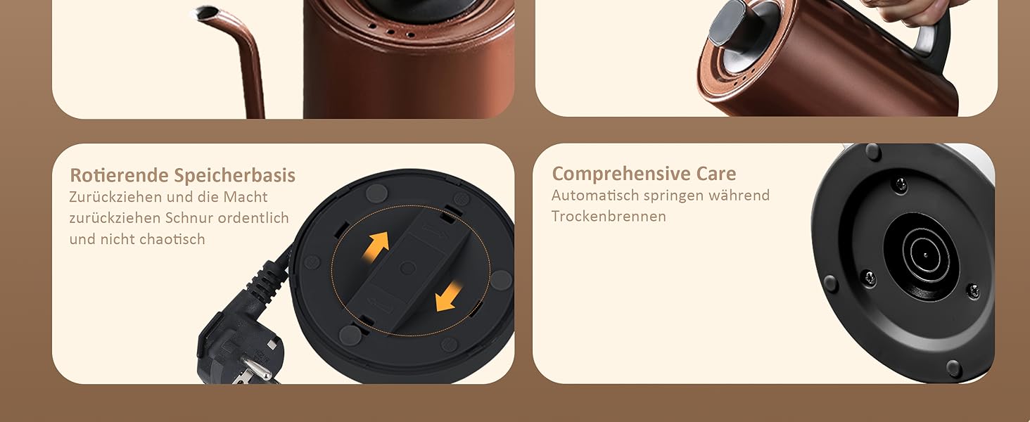 Електричний чайник Schwanenhals 1.0L, ретро-дизайн, нержавіюча сталь, 1000W, з автовимкненням та захистом від перегріву, BPA-free, мідний колір