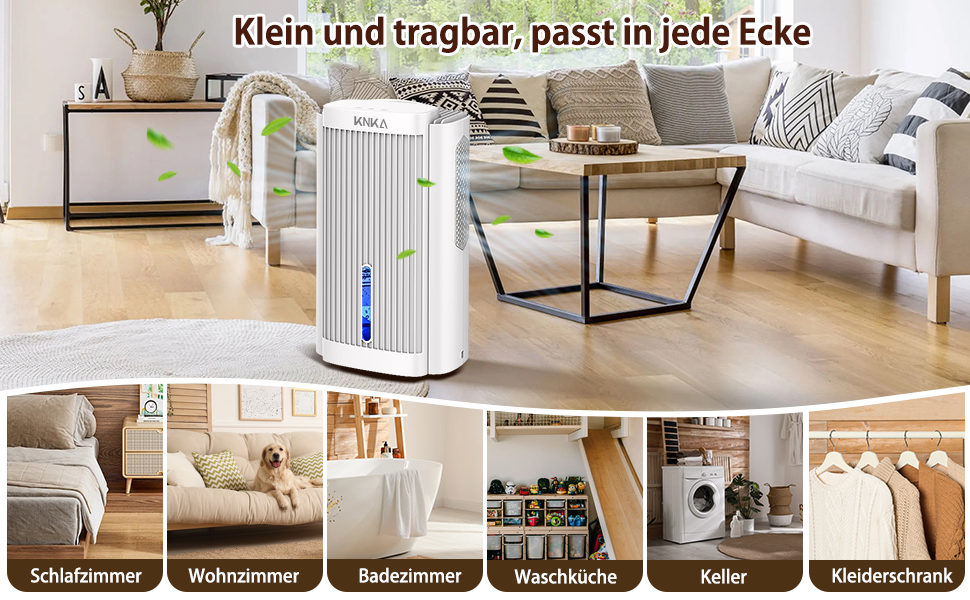 Електричний осушувач повітря KNKA, 1.1 л, тихий (28dB), для дому, ванної, підвалу, з автовимкненням та нічним режимом, кольорове нічне підсвічування (білий)