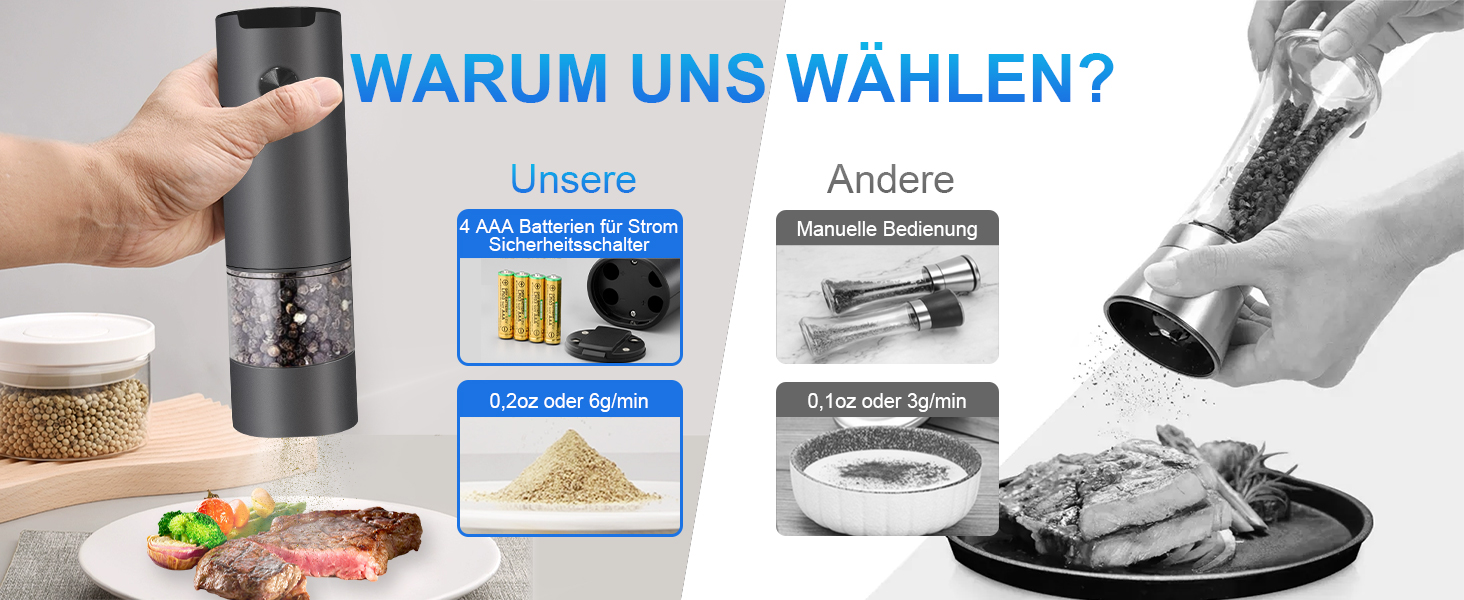 Електричні мельниці для солі та перцю 2 шт. з LED-підсвічуванням, регульована ступінь помелу, чорний колір