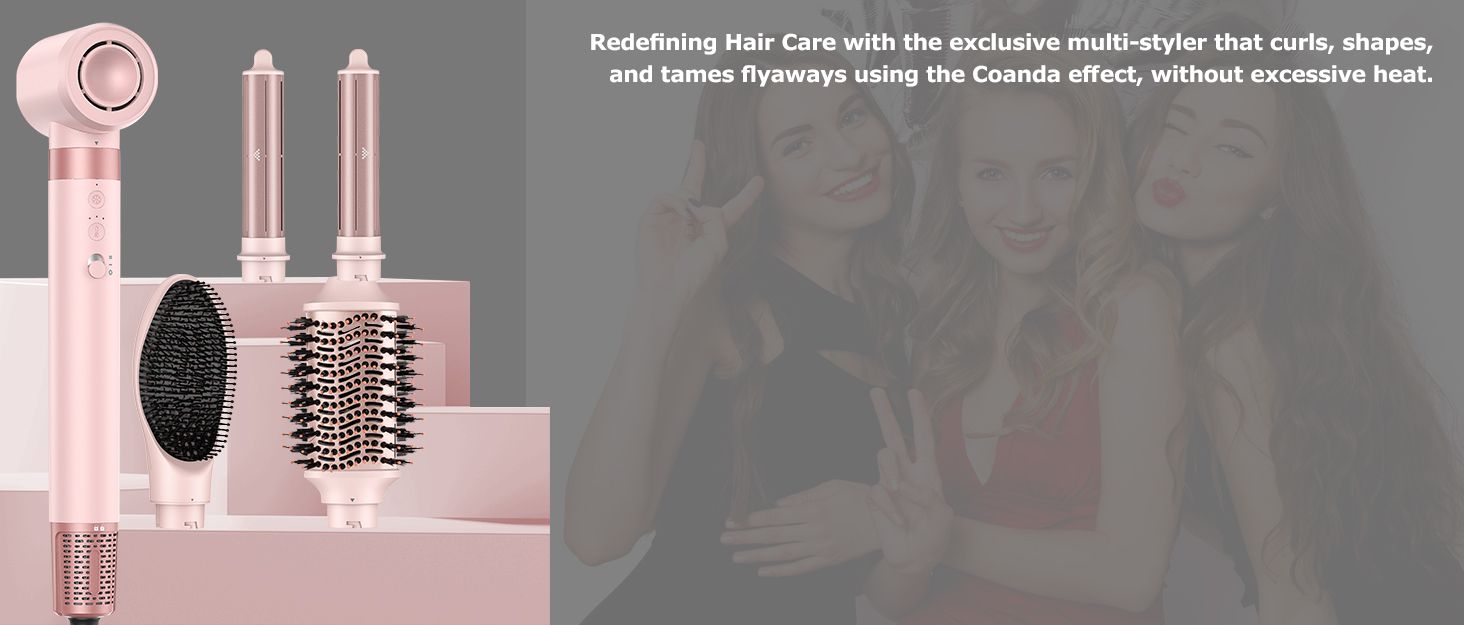 MESCOMB Airstyler 5-в-1: Іонний фен та мультистайлер для волосся з насадками. Швидке сушіння, локони, об'єм, випрямлення. Без пошкодження волосся. З дорожньою сумкою. Рожевий колір