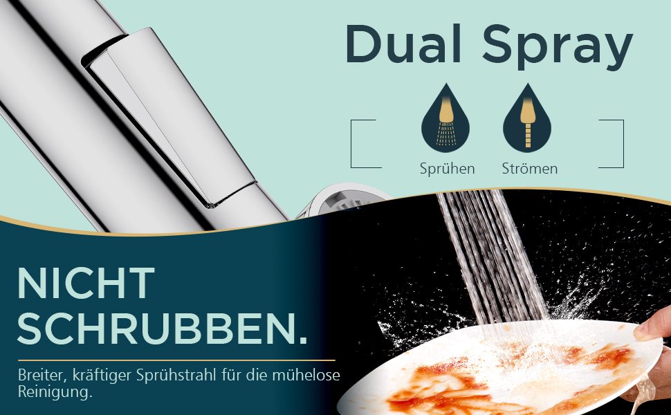 Змішувач для кухні FORIOUS з висувною лійкою та душем, 360° обертання, 2 режими, полірована хром