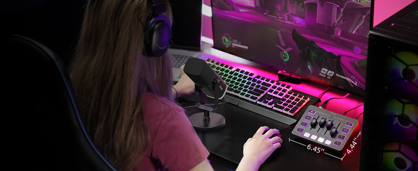 FIFINE ігровий аудіомікшер для ПК, RGB звукова карта для XLR мікрофона, аудіоінтерфейс для стрімінгу та музикантів, мікшерний пульт для геймерів і креаторів, індивідуальне керування, зміна голосу, чорний