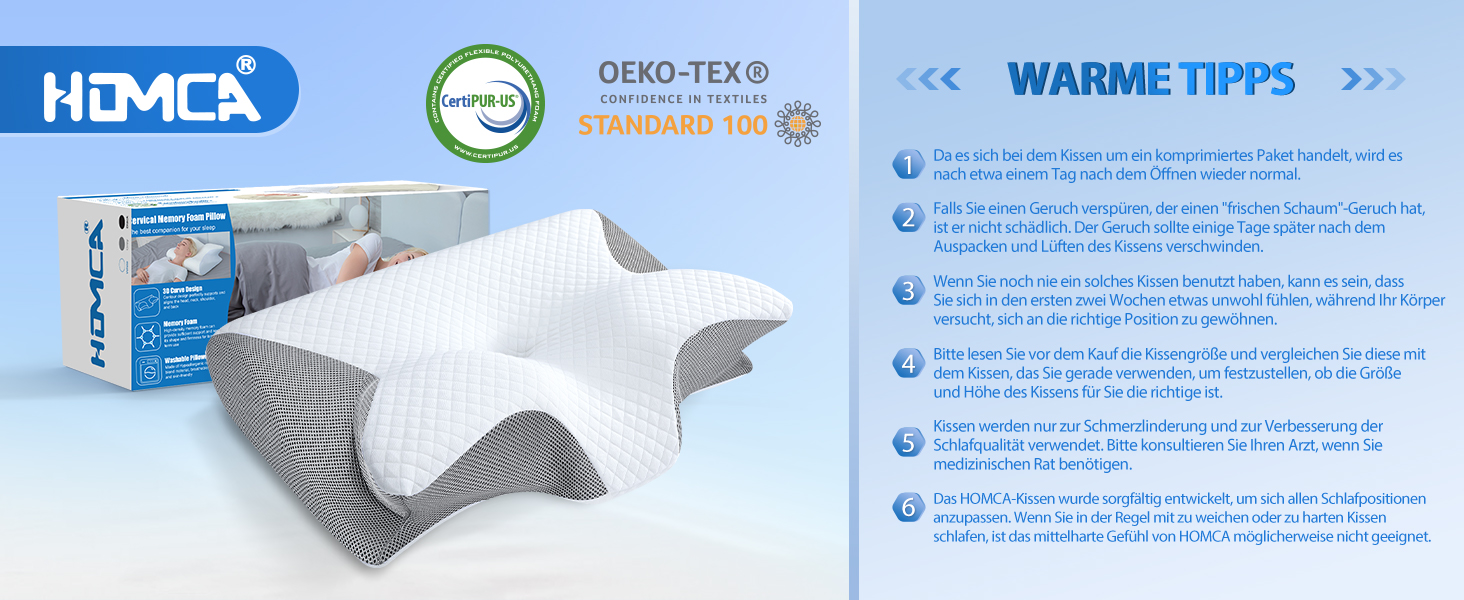 Ортопедична подушка HOMCA 2 в 1 з Memory Foam для сну на спині, боці та животі, 60x40x12/14 см, сіра