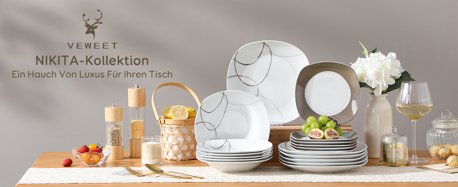 VEWEET Набір посуду 'Нікіта' з порцеляни, 24 частини | Сервіз включає миски, десертні тарілки, тарілки для їжі та супові тарілки | Посуд для 4-12 осіб