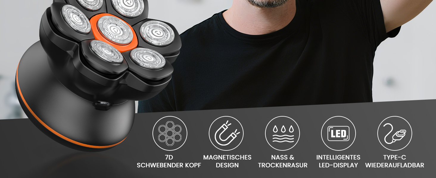 MAXGROOM Голєва машина для чоловіків, 7D Голєва головка, водонепроникна IPX6, плаваюча головка, LED-дисплей, для подорожей та дому, USB-C зарядка, чорний