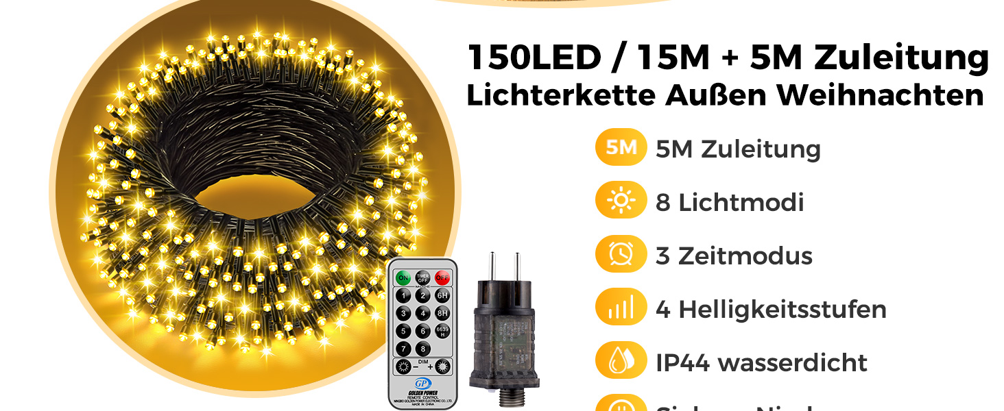 LED гірлянда для прикраси ялинки та декору на балкон/сад: 15м + 5м, 150 LED, тепле біле світло, таймер, пульт, 8 режимів