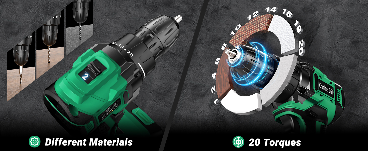 Акумуляторний шуруповерт безщітковий 21V BETENST з акумулятором 2.0Ah, 45Nm, 20 моментів, патрон 10mm, 2 швидкості, 20-ти елементний набір для дому, саду та DIY проектів (зелений)