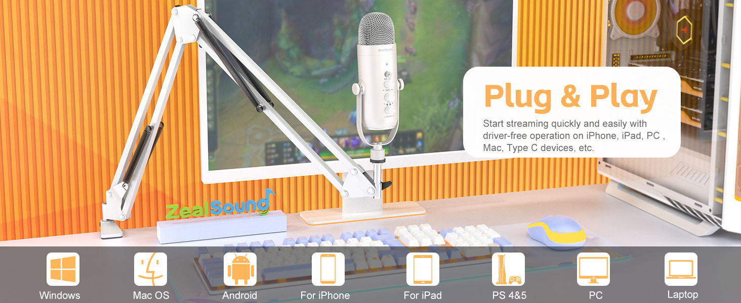 Zealsound USB мікрофон для подкастів, ПК, телефону – з шумозаглушенням, кнопкою вимкнення звуку, ехо-ефектом для вокалу, стрімінгу, геймінгу, YouTube. Сумісний з iPhone, Mac, PS5 (перламутрово-білий)