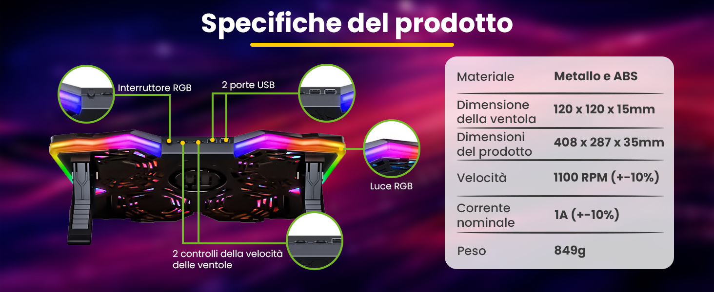 Охолоджувач для ноутбука Offgridtec K25 Pro: підставка з 4 тихими вентиляторами (1100 об/хв), 2 USB-порти, регулювання висоти, ергономічний дизайн для ігрових ноутбуків та консолей 10-17 дюймів, червоний