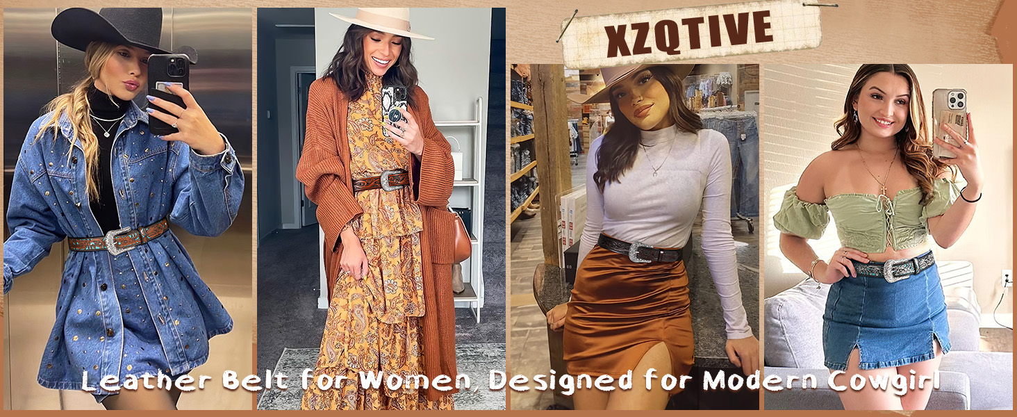 Жіночий шкіряний ремінь XZQTIVE Vintage у стилі вестерн з гравіюванням для джинсів, штанів, суконь. Колір: темно-коричневий, синій (бірюзовий діамант). Довжина: 100 см, підходить для об'єму талії 68-80 см