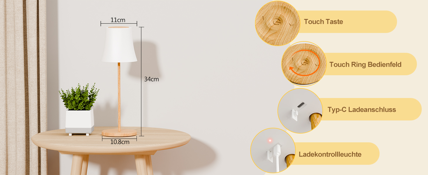 LED-лампа настільна Suright бездротова, акумуляторна з 3 кольоровими режимами та RGB, плавне регулювання яскравості, сенсорне керування, IP54 вологостійка для саду, кемпінгу, вечірки, спальні, кафе, з імітацією текстури дерева