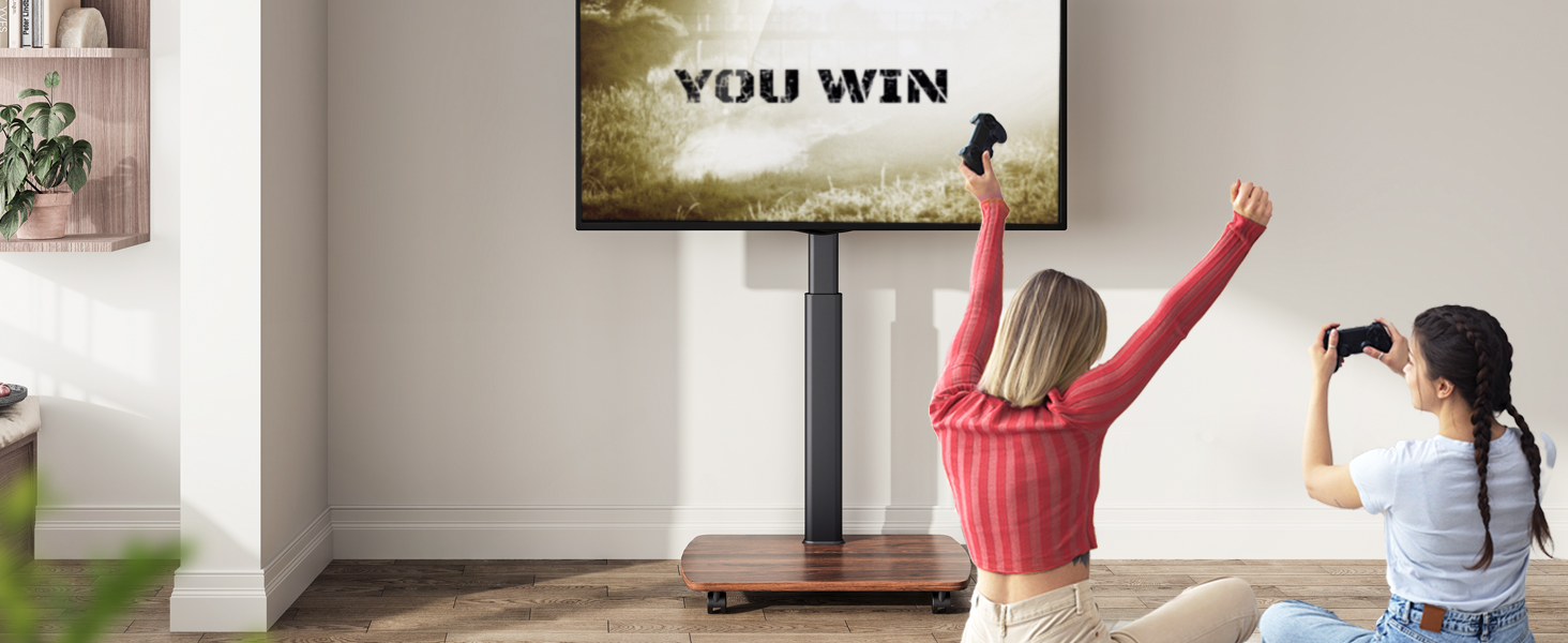 AOKCOS Rolling TV Stand with Wood Shelf - Adjustable Height & Swivel - Fits 43-75 Inch TVs (up to 50kg) - VESA 600x400mm - White+Natural (Black+Vintage Brown)