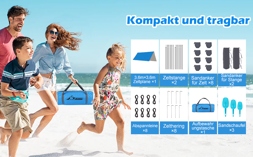 Намет WADEO для кемпінгу, водонепроникний, 4x3 м, з тентром та аксесуарами, ультралегкий, для відпочинку на природі - Хакі (3,6м x 3,6м, Синій)