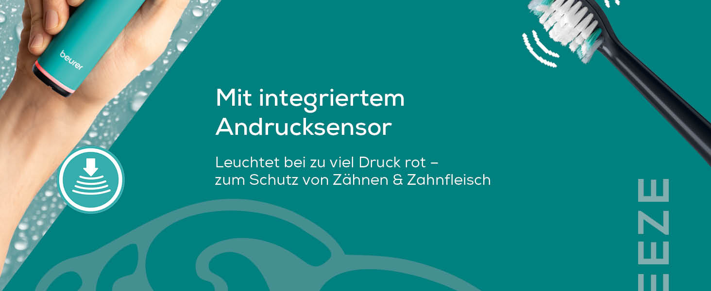 Електрична зубна щітка Beurer SC 50 з 5 режимами чищення та датчиком тиску, 80 000 коливань, дисплей, 2 насадки (Ocean Breeze)