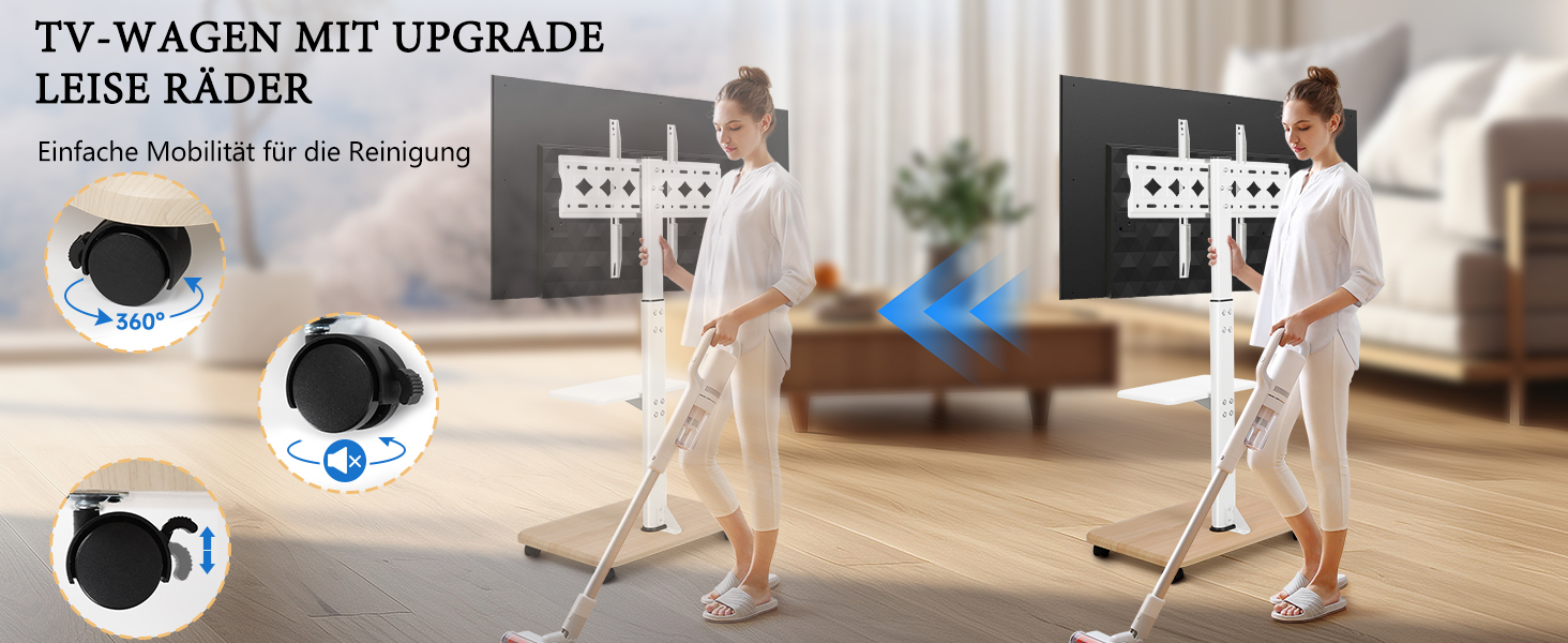 Мобільний ТВ-стіл Hellsehen для LED/LCD/OLED телевізорів 32-70 дюймів (до 45 кг), білий, з регулюванням висоти та блокованими колесами