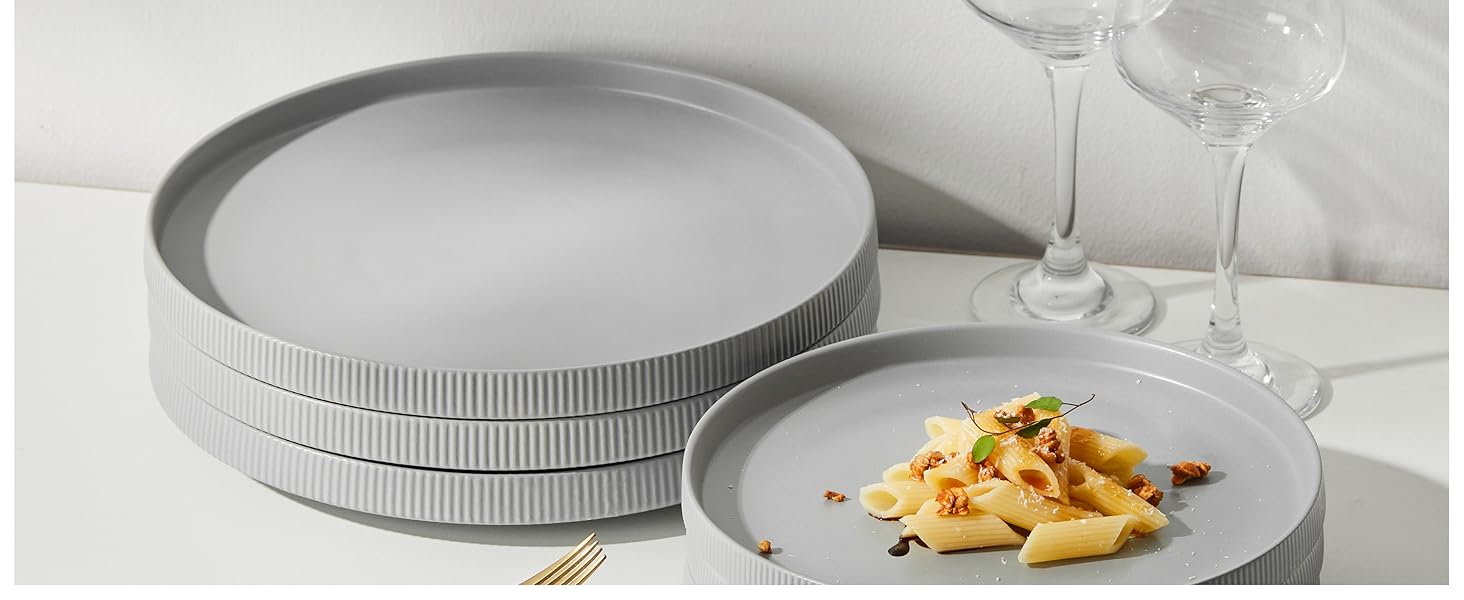 Набір посуду Jiwoo для 4 осіб (12 предметів): тарілки, десертні тарілки, супові миски. Bone China, матовий сірий колір, для мікрохвильовки та посудомийної машини