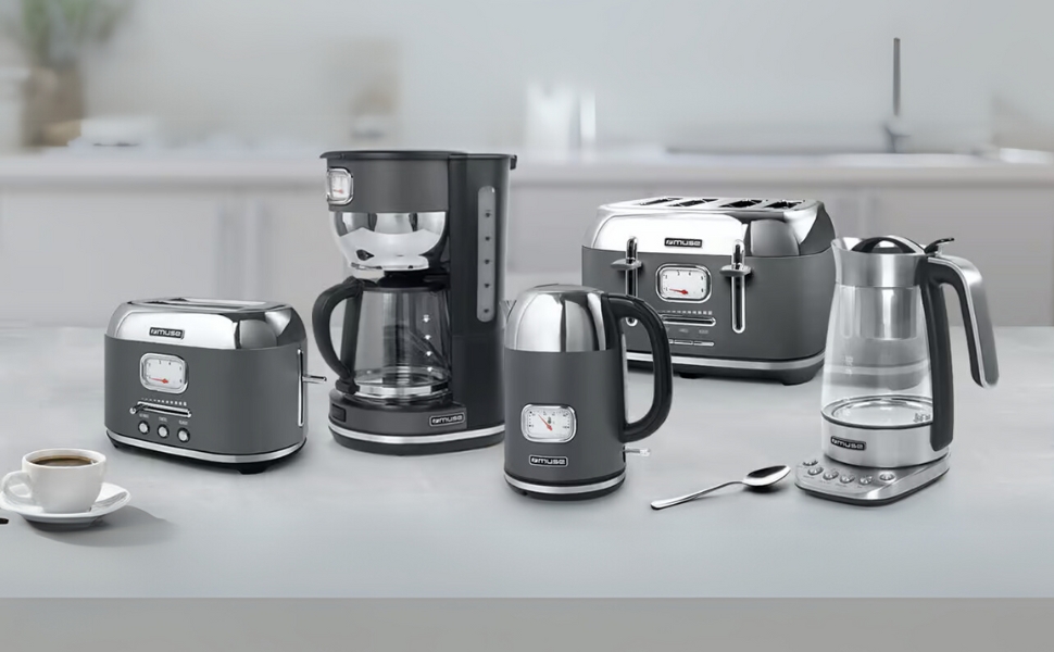 Електричний чайник зі сталі Muse Retro з аналоговим термометром, фільтром, прозорою шкалою, об'ємом 1,7 л, автоматичним відключенням, матовий золотий (MS-030 BC) (Сірий)