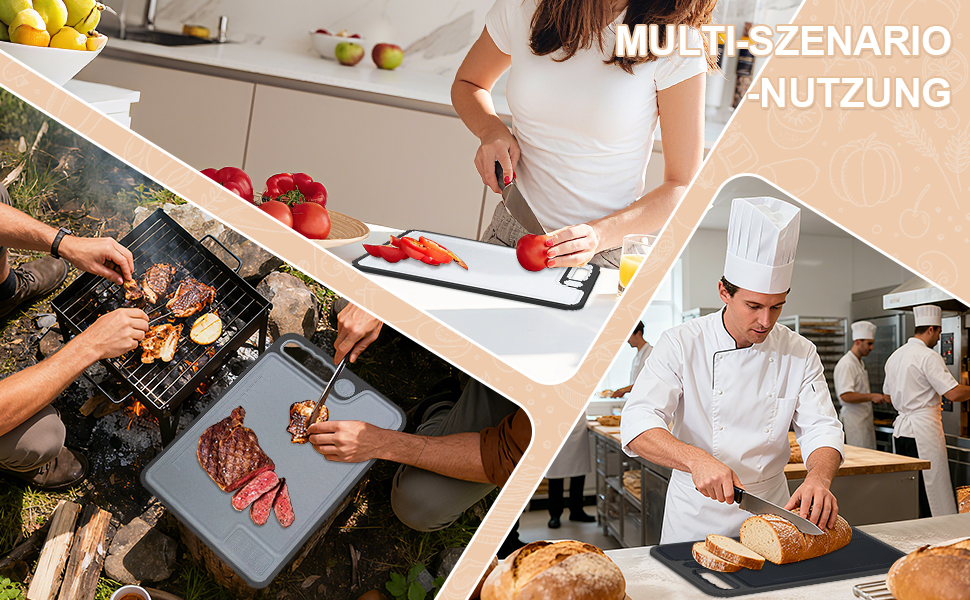 Набір з 3 дерев'яних обробних дощок для кухні, 35x23 см, антибактеріальні, BPA Free, з жолобками для соку та неслизькими ручками, чорний/сірий/білий