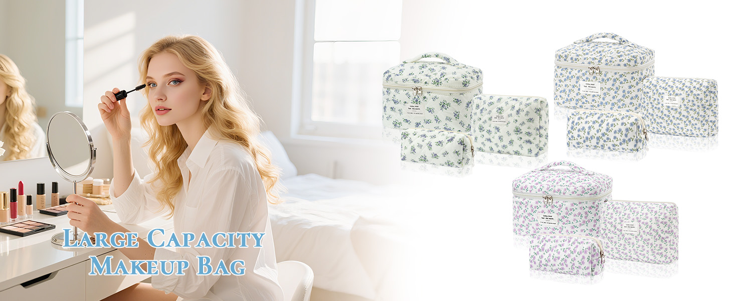 Набір косметичок 3 шт. з квітковим візерунком, дорожні та повсякденні | Косметичка для макіяжу для жінок та дівчат (Блакитний Павич)