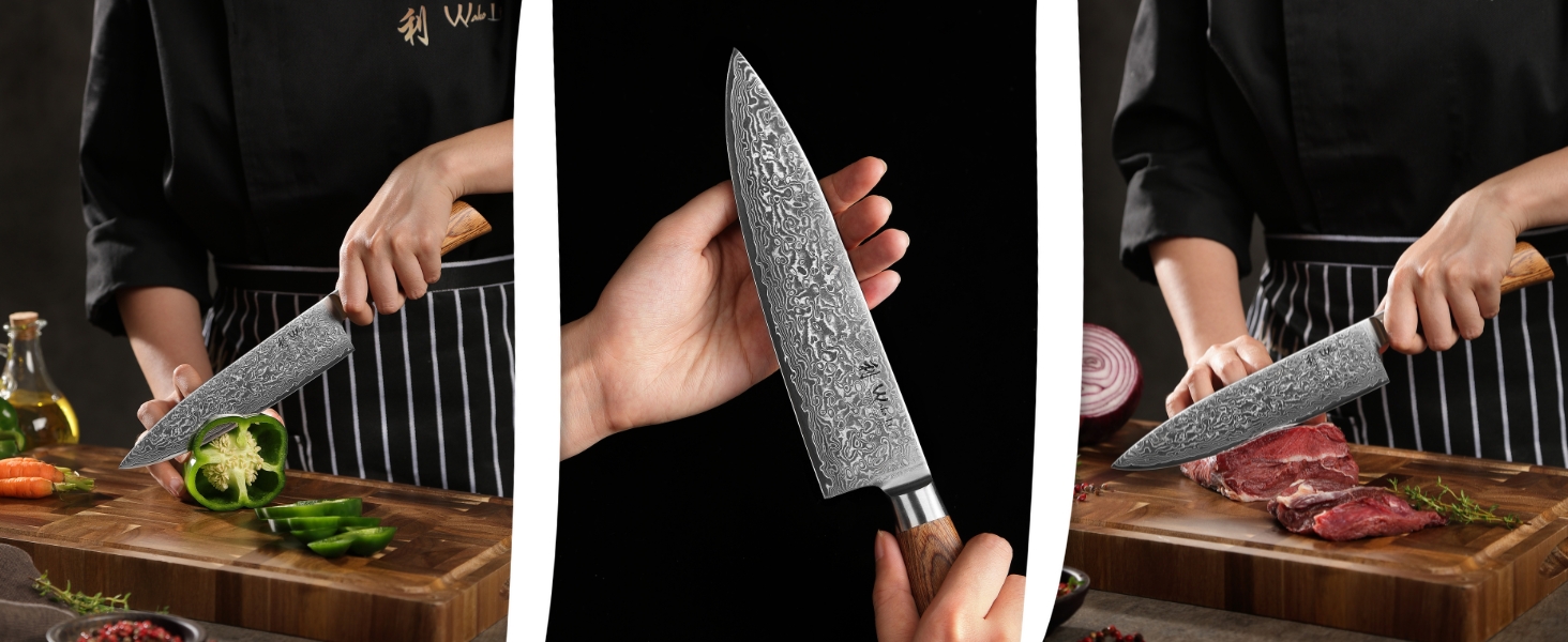 Ніж кухарський Wakoli EDIB Pro з дамаської сталі (серцевина VG10), 20 см - гострий та збалансований, з ручкою з паккавуду в подарунковій коробці - кухонний ніж з дамаску для професійних та аматорських кухарів, срібний