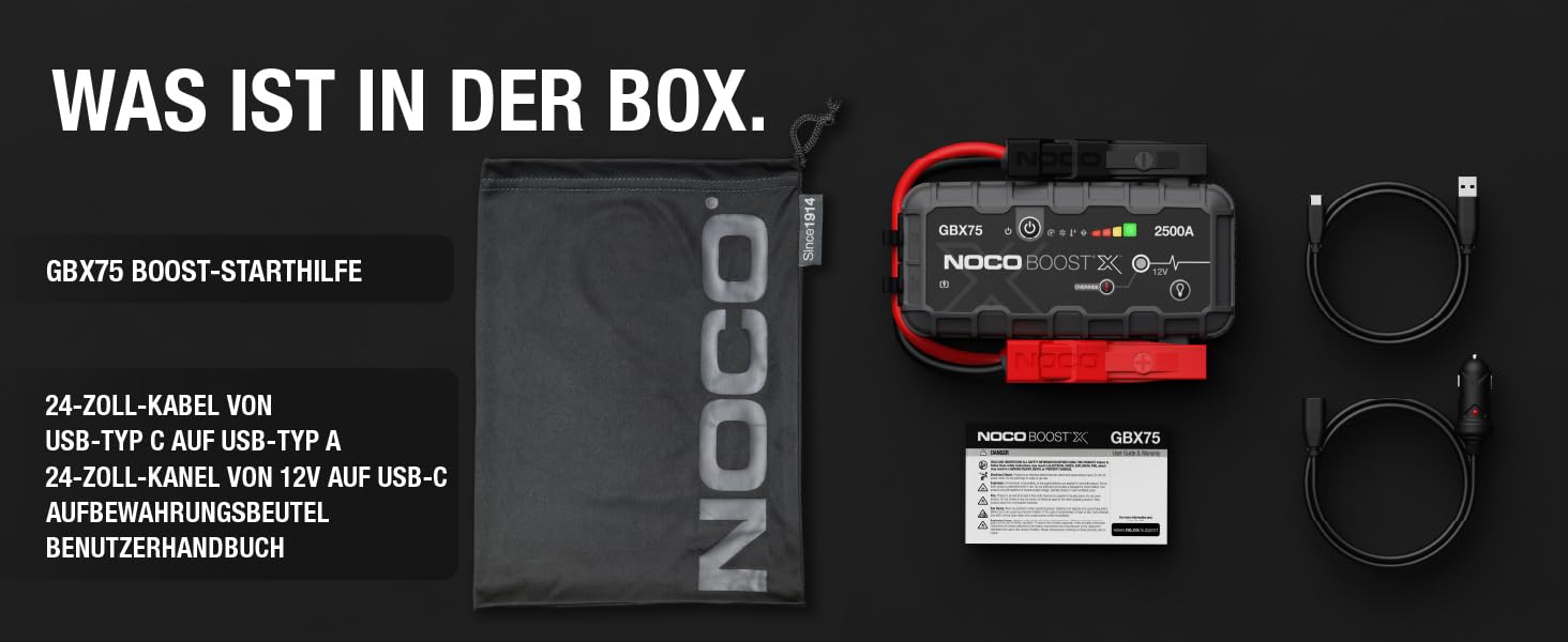 NOCO Boost X GBX75: Портативний пусковий пристрій (Powerbank) – 2500A, 12V, для бензинових (8.5L) та дизельних (6.5L) двигунів