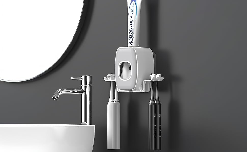 Настінний тримач для зубних щіток з автоматичним дозатором пасти, електричний для 4 щіток, 2 стаканчики, без свердління (чорний)