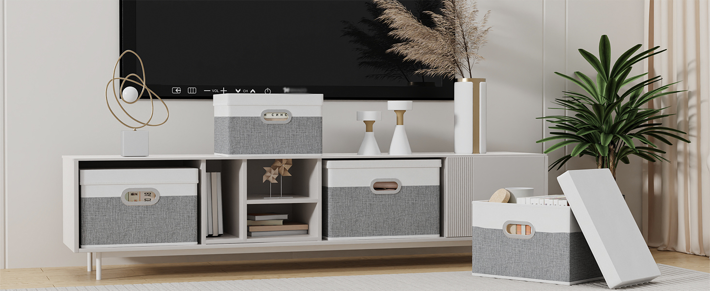 Yawinhe 3-Piece Storage Boxes with Lids, Foldable Fabric Box with Handles, Storage Boxes, for Bedroom, Clothes Storage, 32x23x20cm, SNK023G-3 (32x23x20cm/3-Pack, White/Gray)