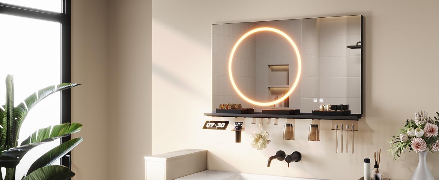 Дзеркало для ванної кімнати SONNI з підсвічуванням 120x60 см, 3 кольори світла, антизапар, годинник, температура, LED, сенсорне управління, білий