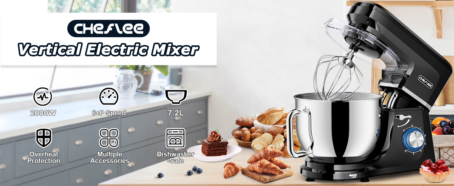 Кухонна машина Cheflee 2000W: потужна планетарна міксер для тіста та збивання, 6 швидкостей, чаша 2.2 л, нержавіюча сталь, гак та вінчик, сплітцшпрутч (захист від бризок), чорний