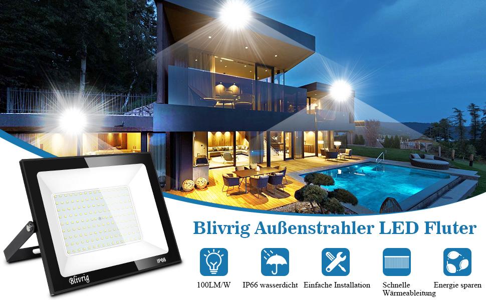 Світлодіодний прожектор Blivrig для вулиці 500Вт, тепле світло 3000K, 10000Лм, IP66 водонепроникний, для саду, гаража, двору, комплект 4 шт.
