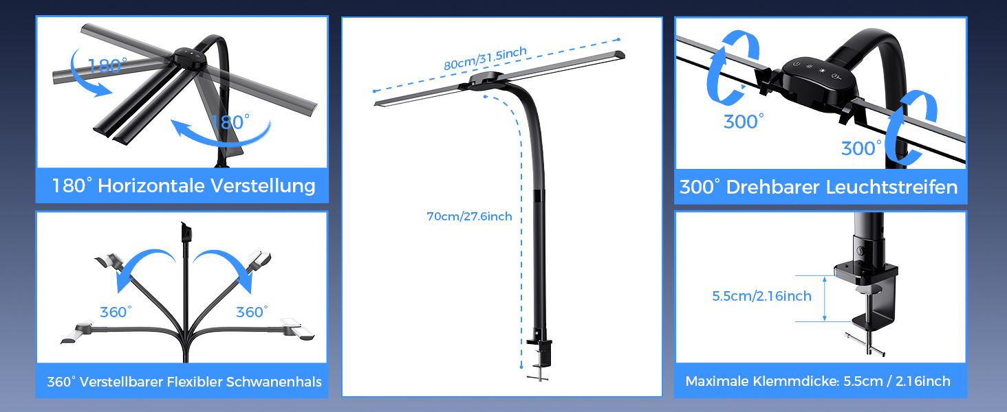 Світлодіодна настільна лампа з димером LED 1400LM 24W, подвійний гнучкий винос, чорна. З пультом ДУ, USB зарядка